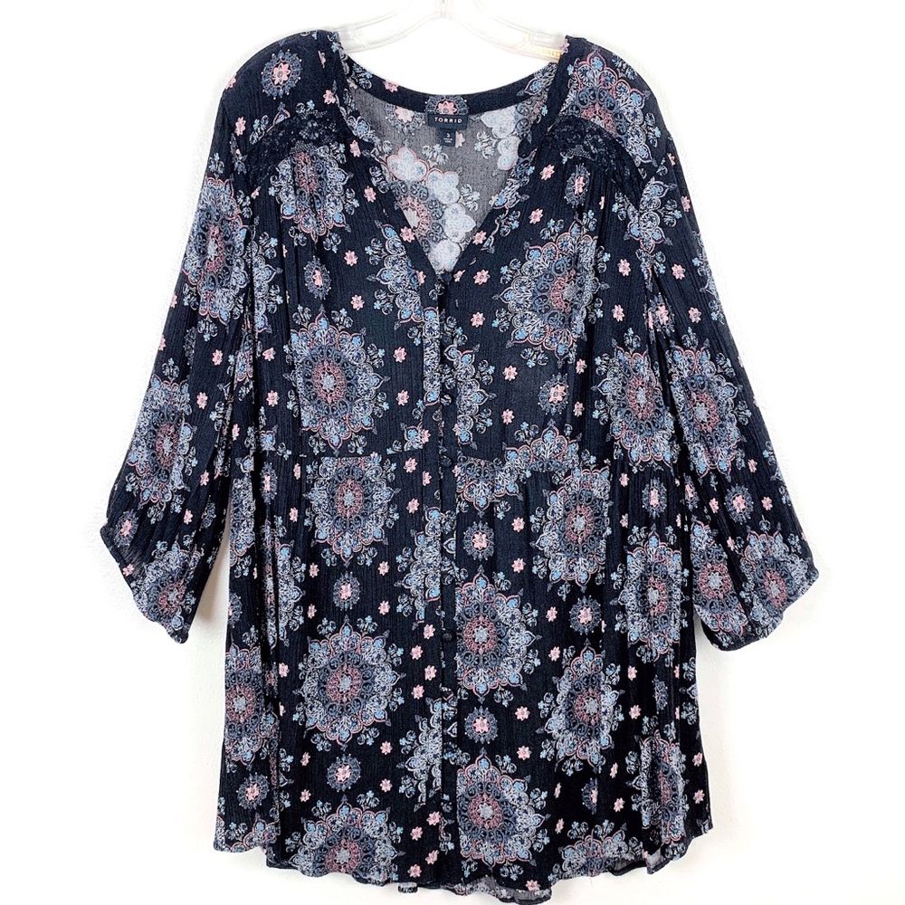 Torrid Navy Floral Medallion Peasant Blouse